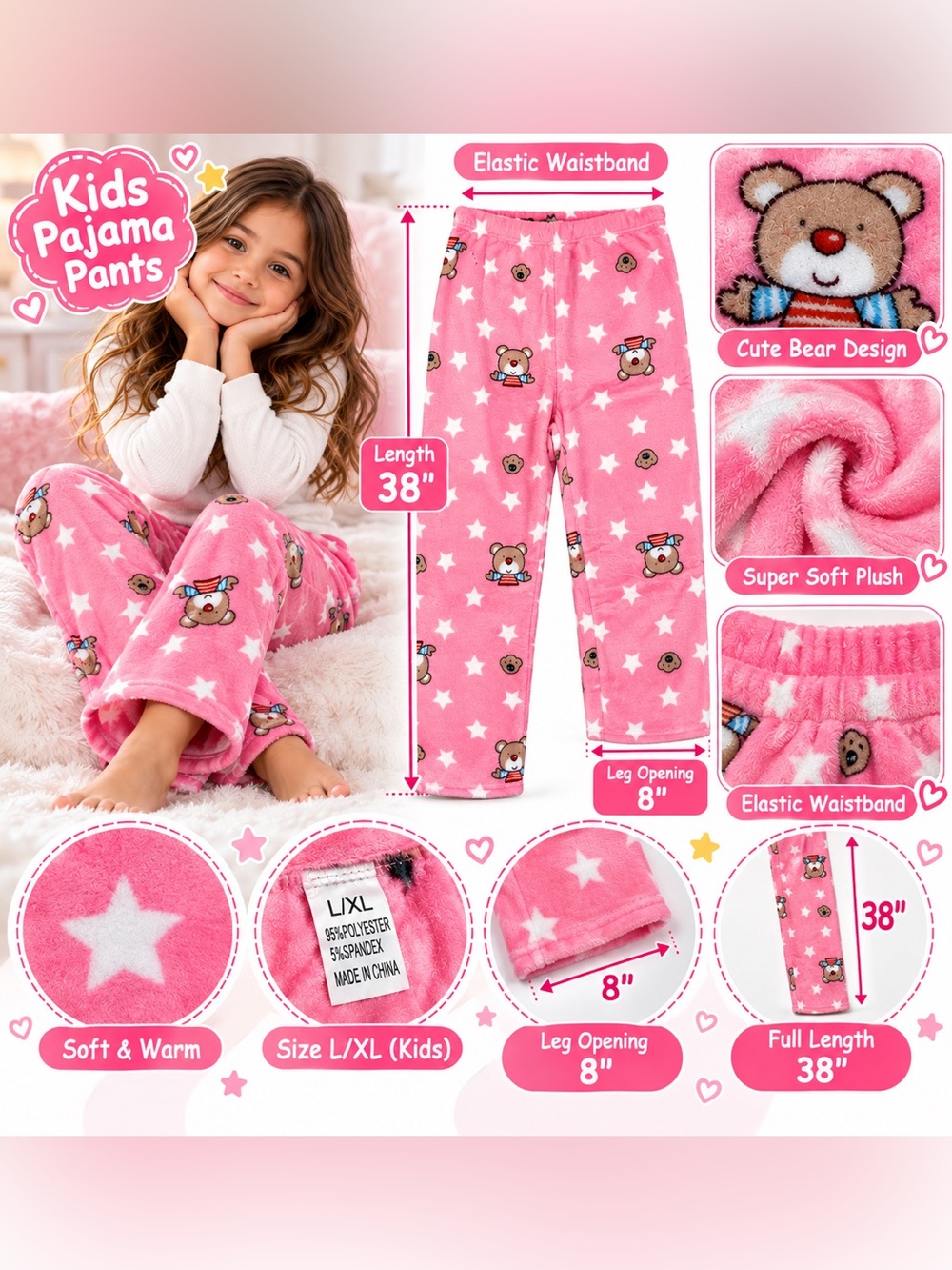 Pink Fleece Pajama Pants L/XL Soft Plush Warm Girls Sleepwear Lounge Pants
